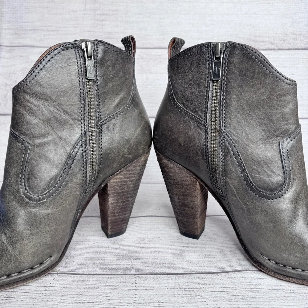 Frye Womens 7.5 M Smoke Grey Leather Western Ankle Booties 3470123-SMK Wood Heel